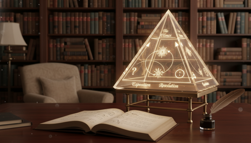 A visually striking representation of Freytag's Pyramid showcasing a classic narrative arc, set in a serene study environment. In the foreground, a beautifully crafted wooden desk holds an open notebook filled with handwritten notes and diagrams. The middle layer features a large, intricate pyramid chart, clearly illustrating the five stages: exposition, rising action, climax, falling action, and resolution, accompanied by arrows and symbols to depict movement through the narrative. The background presents a softly lit bookshelf lined with classic literature, creating an atmosphere of inspiration and creativity. Warm, inviting lighting bathes the scene, enhancing the scholarly mood. The image should convey the essence of storytelling, inviting viewers to explore the art of crafting narratives. A visually striking representation of Freytag's Pyramid showcasing a classic narrative arc, set in a serene study environment. In the foreground, a beautifully crafted wooden desk holds an open notebook filled with handwritten notes and diagrams. The middle layer features a large, intricate pyramid chart, clearly illustrating the five stages: exposition, rising action, climax, falling action, and resolution, accompanied by arrows and symbols to depict movement through the narrative. The background presents a softly lit bookshelf lined with classic literature, creating an atmosphere of inspiration and creativity. Warm, inviting lighting bathes the scene, enhancing the scholarly mood. The image should convey the essence of storytelling, inviting viewers to explore the art of crafting narratives.