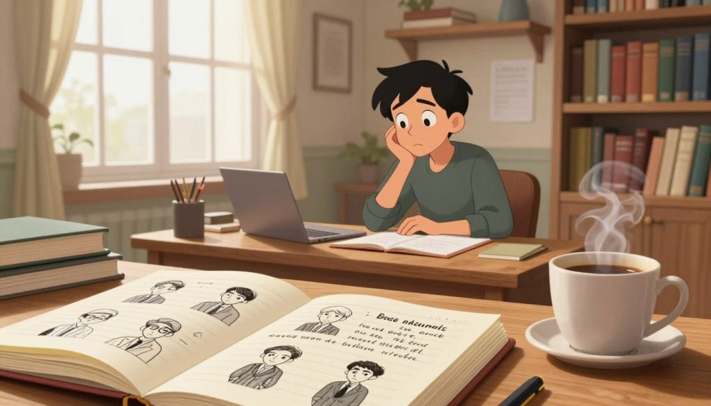 A warm, inviting workspace that captures the essence of crafting authentic dialogue in an autobiography. In the foreground, an open notebook filled with handwritten notes and sketches of characters in professional attire, alongside a steaming cup of coffee. In the middle, a thoughtful writer sits at a sturdy wooden desk, their expression focused and inspired, surrounded by shelves filled with books. The background features soft natural light streaming in from a large window adorned with sheer curtains, illuminating the room and creating a cozy atmosphere. The overall mood is contemplative and encouraging, emphasizing the importance of genuine storytelling and engaging narratives. The scene is captured with a slight depth of field, focusing on the writer’s creative process while softly blurring the background elements. A warm, inviting workspace that captures the essence of crafting authentic dialogue in an autobiography. In the foreground, an open notebook filled with handwritten notes and sketches of characters in professional attire, alongside a steaming cup of coffee. In the middle, a thoughtful writer sits at a sturdy wooden desk, their expression focused and inspired, surrounded by shelves filled with books. The background features soft natural light streaming in from a large window adorned with sheer curtains, illuminating the room and creating a cozy atmosphere. The overall mood is contemplative and encouraging, emphasizing the importance of genuine storytelling and engaging narratives. The scene is captured with a slight depth of field, focusing on the writer’s creative process while softly blurring the background elements.