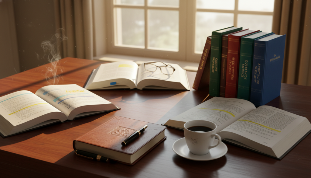 A well-organized desk scene depicting a neatly arranged stack of books open to various chapters and sections, showcasing detailed outlines and headings. In the foreground, focus on a polished wooden desk with a classic brown leather journal, a fountain pen, and a cup of steaming coffee. In the middle ground, place several books in a semi-circle, some laying open to reveal highlighted sections, while others stand upright, featuring colorful spines. In the background, a warm light filters through a large window, casting soft shadows that evoke a productive atmosphere. The overall mood should feel inspiring and scholarly, inviting writers to delve into the art of organization in their book's body. A well-organized desk scene depicting a neatly arranged stack of books open to various chapters and sections, showcasing detailed outlines and headings. In the foreground, focus on a polished wooden desk with a classic brown leather journal, a fountain pen, and a cup of steaming coffee. In the middle ground, place several books in a semi-circle, some laying open to reveal highlighted sections, while others stand upright, featuring colorful spines. In the background, a warm light filters through a large window, casting soft shadows that evoke a productive atmosphere. The overall mood should feel inspiring and scholarly, inviting writers to delve into the art of organization in their book's body.