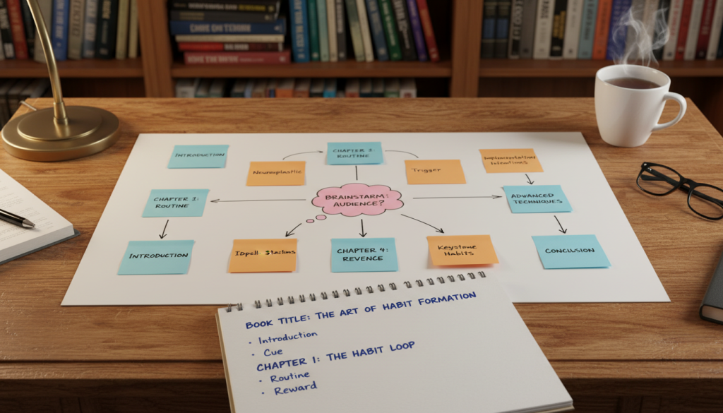 A well-organized nonfiction book outline template set on a wooden desk, with a focus on structured chapters visually represented as a flowchart. In the foreground, a crisp, white notepad features neatly written headings and bullet points. The middle ground showcases colorful sticky notes labeled with chapter titles and key concepts, placed around the notepad to symbolize brainstorming ideas. In the background, a softly lit bookshelf filled with various nonfiction books creates a warm atmosphere. The lighting is soft and inviting, emanating a sense of productivity and creativity. The view is from a slightly elevated angle, providing a comprehensive perspective of the setup, inspiring a serious yet motivating vibe for aspiring authors to create their book's structure. A well-organized nonfiction book outline template set on a wooden desk, with a focus on structured chapters visually represented as a flowchart. In the foreground, a crisp, white notepad features neatly written headings and bullet points. The middle ground showcases colorful sticky notes labeled with chapter titles and key concepts, placed around the notepad to symbolize brainstorming ideas. In the background, a softly lit bookshelf filled with various nonfiction books creates a warm atmosphere. The lighting is soft and inviting, emanating a sense of productivity and creativity. The view is from a slightly elevated angle, providing a comprehensive perspective of the setup, inspiring a serious yet motivating vibe for aspiring authors to create their book's structure.