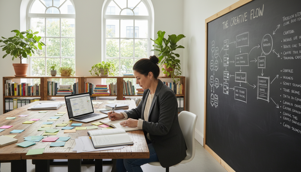 A well-organized workspace featuring a large wooden desk covered with colorful sticky notes, notebooks, and a laptop displaying a digital outline. In the foreground, a middle-aged professional woman in smart casual attire is intently reviewing her notes, exuding focus and determination. The middle ground features a chalkboard filled with mind maps and bullet points, illustrating the structure of a nonfiction outline. The background shows a bright, sunlit room with large windows, plants, and shelves filled with books, creating an inviting and inspiring atmosphere. Soft, natural lighting enhances the scene, highlighting the details of the workspace and conveying a sense of productivity and creativity. A well-organized workspace featuring a large wooden desk covered with colorful sticky notes, notebooks, and a laptop displaying a digital outline. In the foreground, a middle-aged professional woman in smart casual attire is intently reviewing her notes, exuding focus and determination. The middle ground features a chalkboard filled with mind maps and bullet points, illustrating the structure of a nonfiction outline. The background shows a bright, sunlit room with large windows, plants, and shelves filled with books, creating an inviting and inspiring atmosphere. Soft, natural lighting enhances the scene, highlighting the details of the workspace and conveying a sense of productivity and creativity.