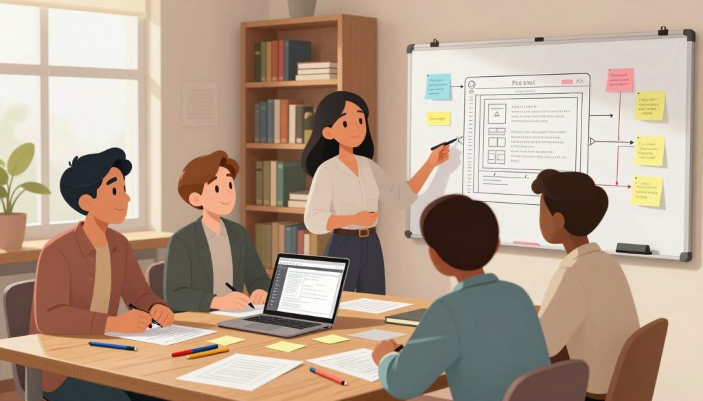A well-organized workspace featuring a large wooden desk scattered with papers, colored pens, and sticky notes, illustrating the process of creating a practical outline. In the foreground, a diverse group of three professionals (two men and one woman) are engaged in a collaborative discussion; they are dressed in smart-casual attire, focused on a large whiteboard filled with brainstorming notes and a clear outline draft. The middle layer shows the desk with an open laptop displaying an outline template, while a soft light source from a nearby window creates a warm, inviting atmosphere. In the background, shelves filled with books and reference materials add depth, establishing a productive writing environment, inviting viewers into the meticulous process of book outlining. The mood is thoughtful and collaborative, promoting creativity and organization. A well-organized workspace featuring a large wooden desk scattered with papers, colored pens, and sticky notes, illustrating the process of creating a practical outline. In the foreground, a diverse group of three professionals (two men and one woman) are engaged in a collaborative discussion; they are dressed in smart-casual attire, focused on a large whiteboard filled with brainstorming notes and a clear outline draft. The middle layer shows the desk with an open laptop displaying an outline template, while a soft light source from a nearby window creates a warm, inviting atmosphere. In the background, shelves filled with books and reference materials add depth, establishing a productive writing environment, inviting viewers into the meticulous process of book outlining. The mood is thoughtful and collaborative, promoting creativity and organization.