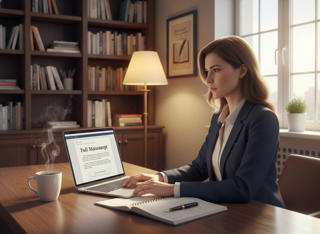 A well-organized workspace featuring a sleek wooden desk with a laptop open to a document titled "Full Manuscript" ready for submission. In the foreground, a professional woman in business attire, looking focused and contemplative as she types. On her desk, a cup of steaming coffee, a notepad filled with notes, and a pen placed thoughtfully beside it. The middle ground shows a cozy, well-lit room with warm yellow lighting, bookshelves filled with novels, and a large window letting in soft natural light, enhancing the inviting atmosphere. The background includes a tasteful piece of literary art on the wall, adding sophistication to the scene. Capture the sense of determination and creativity, emphasizing the dual themes of hope and professionalism in a literary setting.