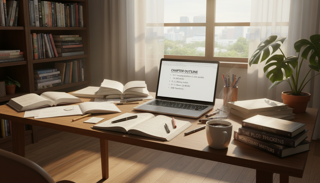 A well-organized workspace for writers, with a wooden desk cluttered with notebooks and pens, a laptop open to a document displaying a chapter outline. In the foreground, a cup of coffee sits beside a stack of books about writing. The middle ground features a large window letting in soft, natural light, creating a warm and inviting atmosphere. A bookshelf filled with various writing guides and novels forms the background. A potted plant adds a touch of greenery. The lighting is bright yet soft, enhancing the focus on the writing materials. The overall mood is one of inspiration and productivity, ideal for aspiring authors learning about chapter length and word count.