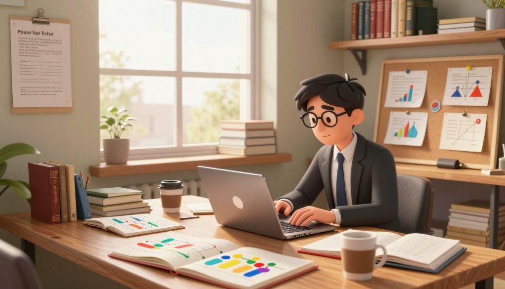 A whimsical workspace featuring a wooden desk cluttered with open notebooks, colorful plot diagrams, and coffee cups, symbolizing the theme of exploring popular plot structures for fiction writers. In the foreground, a focused writer, dressed in professional business attire, eagerly types on a laptop, surrounded by thematic visual aids like character arcs and plot twists pinned to a corkboard. In the middle ground, a large window lets in soft sunlight, illuminating notes and books stacked on shelves, creating a cozy atmosphere. The background features a shelf filled with classic literary works, enhancing the sense of inspiration. The overall mood is one of creativity and exploration, with warm lighting and a slight vignette effect to draw attention to the writer's work.