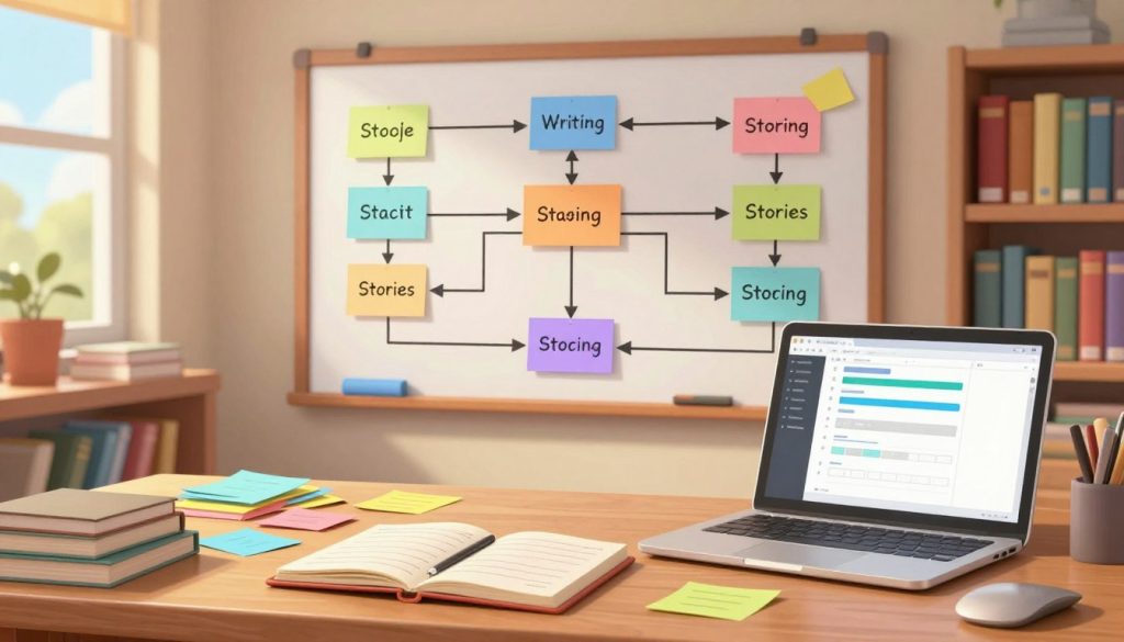 A workspace scene showcasing a detailed beat sheet structure for writing stories. In the foreground, a wooden desk cluttered with colorful index cards, a notebook filled with notes, and a laptop displaying a digital beat sheet template. In the middle, a large whiteboard filled with flowcharts and key plot points, neatly arranged in a visual format. The background features a cozy library with shelves of books and soft lighting, creating a warm, inviting atmosphere. A window reveals a sunny day outside, casting gentle light onto the scene. The overall mood is focused and creative, encouraging inspiration for writers. No human figures are present in this image.