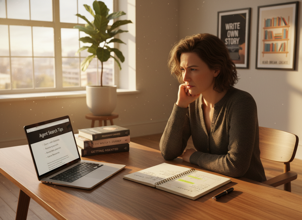 A writer seated at a stylish wooden desk, surrounded by neatly arranged books about publishing and writing advice. The foreground features a laptop open to a webpage titled "Agent Search Tips". In the middle, a handwritten notepad filled with notes and key lessons is partially open. To the background, a large window filters in warm, natural light, illuminating the room with a cozy atmosphere. Soft shadows create depth, emphasizing the writer's thoughtful expression as they contemplate their journey in search of a literary agent. The room decor includes literary posters and a potted plant, enhancing the creative vibe, while the overall scene conveys a sense of determination and hope. A writer seated at a stylish wooden desk, surrounded by neatly arranged books about publishing and writing advice. The foreground features a laptop open to a webpage titled "Agent Search Tips". In the middle, a handwritten notepad filled with notes and key lessons is partially open. To the background, a large window filters in warm, natural light, illuminating the room with a cozy atmosphere. Soft shadows create depth, emphasizing the writer's thoughtful expression as they contemplate their journey in search of a literary agent. The room decor includes literary posters and a potted plant, enhancing the creative vibe, while the overall scene conveys a sense of determination and hope.