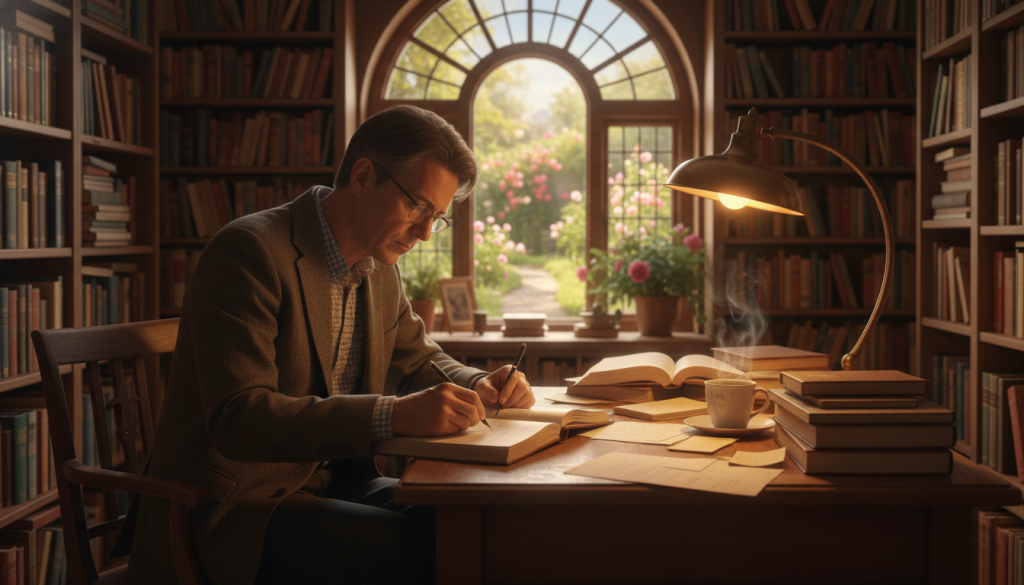 An author in a cozy, warmly lit study, surrounded by tall bookshelves filled with colorful books. The foreground features the author, a middle-aged individual dressed in smart casual clothing, deeply focused on writing in a leather-bound journal. The middle ground includes a small wooden desk cluttered with handwritten notes and a steaming cup of coffee. A soft glow from a vintage desk lamp casts a warm light over the scene. In the background, a large window reveals a tranquil garden outside, bathed in soft sunlight, suggesting a sense of peace and inspiration. The overall atmosphere is contemplative and inspiring, capturing the essence of lessons learned throughout the publishing journey.