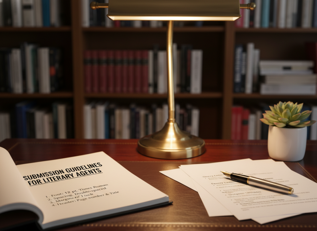 An elegant desk scene featuring a neatly arranged manuscript with visible formatting submission guidelines. In the foreground, a polished wooden desk holds a stack of printed papers with clear bullet points and headings. A stylish pen rests beside the manuscript, and a small succulent plant adds a touch of greenery. The middle layer includes a softly glowing desk lamp casting warm light over the papers, creating a focused atmosphere. In the background, a blurred bookshelf filled with various literary works enhances the scholarly feel. The overall lighting is warm and inviting, suggesting professionalism and creativity. The image conveys a mood of concentration and diligence, illustrating the importance of understanding and following submission guidelines for literary agents. An elegant desk scene featuring a neatly arranged manuscript with visible formatting submission guidelines. In the foreground, a polished wooden desk holds a stack of printed papers with clear bullet points and headings. A stylish pen rests beside the manuscript, and a small succulent plant adds a touch of greenery. The middle layer includes a softly glowing desk lamp casting warm light over the papers, creating a focused atmosphere. In the background, a blurred bookshelf filled with various literary works enhances the scholarly feel. The overall lighting is warm and inviting, suggesting professionalism and creativity. The image conveys a mood of concentration and diligence, illustrating the importance of understanding and following submission guidelines for literary agents.