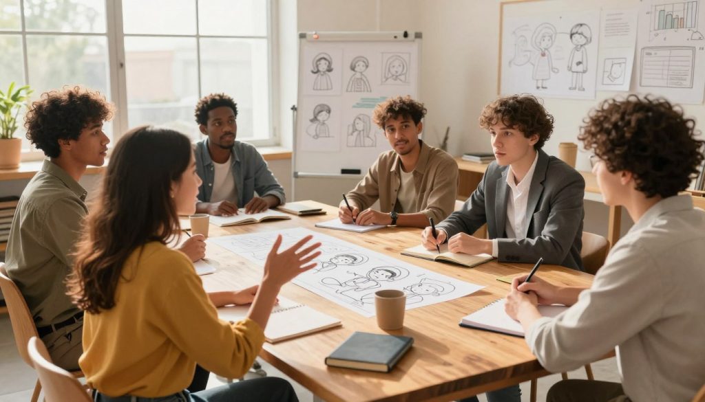 An engaging scene showcasing a diverse group of aspiring writers gathered around a large wooden table in a bright, cozy workshop space, immersed in brainstorming character-driven story ideas. The foreground features a woman in smart casual attire, passionately gesturing as she shares her ideas, while a man in business attire takes notes. In the middle, a whiteboard filled with character sketches and plot outlines serves as a focal point. In the background, large windows let in soft, warm sunlight, illuminating the room and creating a welcoming atmosphere. The mood is collaborative and inspiring, reflecting creativity and determination. The camera angle is slightly elevated, capturing the dynamic interaction among the participants, with a shallow depth of field to emphasize their engaged expressions and the vibrant workspace. An engaging scene showcasing a diverse group of aspiring writers gathered around a large wooden table in a bright, cozy workshop space, immersed in brainstorming character-driven story ideas. The foreground features a woman in smart casual attire, passionately gesturing as she shares her ideas, while a man in business attire takes notes. In the middle, a whiteboard filled with character sketches and plot outlines serves as a focal point. In the background, large windows let in soft, warm sunlight, illuminating the room and creating a welcoming atmosphere. The mood is collaborative and inspiring, reflecting creativity and determination. The camera angle is slightly elevated, capturing the dynamic interaction among the participants, with a shallow depth of field to emphasize their engaged expressions and the vibrant workspace.