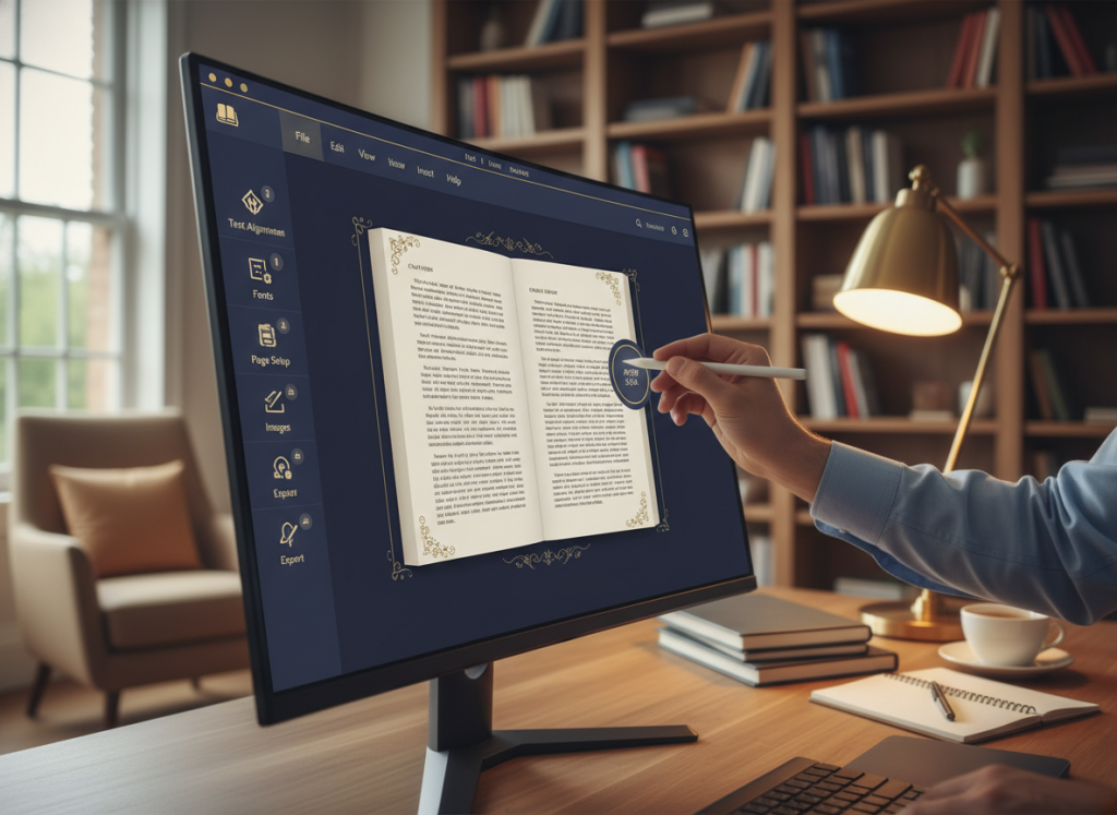 An intricate book formatting software interface displayed on a sleek computer monitor, showcasing print-ready layouts with an elegant design. The foreground features a close-up of the software, with vibrant icons and intuitive navigation bars, emphasizing user-friendly tools for text alignment, font selection, and page setup. In the middle, a hand in a professional-looking shirt gracefully interacts with the interface, illustrating the ease of use. The background highlights a cozy, well-lit home office with bookshelves and a soft, ambient glow from a desk lamp, creating a warm and inviting atmosphere. The overall mood conveys a sense of empowerment and creativity, perfect for writers seeking professional formatting solutions. Soft, natural lighting enhances the scene, and the angle captures both the software and the workspace harmoniously.