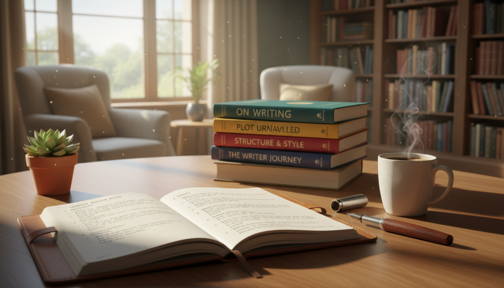 An inviting workspace filled with creative energy, showcasing a well-organized writing desk. In the foreground, there is an open notebook filled with neatly structured paragraphs and bullet points outlining chapter writing rules. To the side, a polished fountain pen rests beside a steaming cup of coffee, hinting at inspiration. The middle ground features a stack of books on writing techniques, their spines facing the viewer, capturing attention with their colorful designs. In the background, a soft-lit library setting with cozy armchairs and shelves stacked with books creates a warm, inviting atmosphere. The scene is bathed in natural light flowing through a window, emphasizing a focus on clarity and organization. The overall mood is professional yet welcoming, perfect for aspiring writers looking to refine their craft. An inviting workspace filled with creative energy, showcasing a well-organized writing desk. In the foreground, there is an open notebook filled with neatly structured paragraphs and bullet points outlining chapter writing rules. To the side, a polished fountain pen rests beside a steaming cup of coffee, hinting at inspiration. The middle ground features a stack of books on writing techniques, their spines facing the viewer, capturing attention with their colorful designs. In the background, a soft-lit library setting with cozy armchairs and shelves stacked with books creates a warm, inviting atmosphere. The scene is bathed in natural light flowing through a window, emphasizing a focus on clarity and organization. The overall mood is professional yet welcoming, perfect for aspiring writers looking to refine their craft.