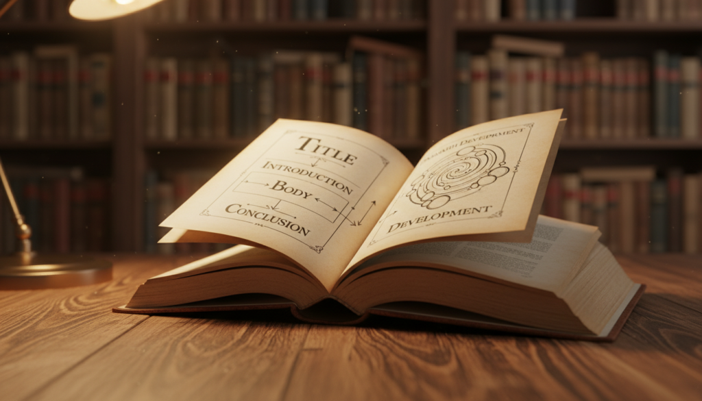 An open book lying on a wooden table, its pages fanned out to display detailed illustrations of a chapter's structure. In the foreground, focus on clearly labeled sections, including a title, introduction, body, and conclusion, drawn with elegant typography. The middle ground showcases soft, warm lighting that highlights the textures of the pages and the wood grain of the table. The background features blurred shelves filled with books, creating a cozy study environment. The atmosphere is inviting and scholarly, emphasizing the essence of writing and knowledge. Use a shallow depth of field to keep attention on the book, making it feel intimate and personal, with a gentle glow illuminating the pages from a nearby desk lamp.