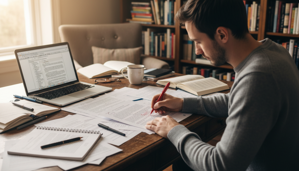 An open wooden desk cluttered with pages of a fiction manuscript, surrounded by various stationery items like pens, notebooks, and a laptop. In the foreground, a person in modest casual clothing, deeply focused on editing a printed manuscript with a red pen, making thoughtful notes in the margins. The middle features a warm, cozy room with soft, natural light streaming in through a window, illuminating the dust motes in the air. The background displays bookshelves filled with classic novels and writing reference books. The mood is contemplative and productive, evoking a sense of dedication and creativity in the art of revising literature. Shot with a shallow depth of field, emphasizing the editing process while blurring the background slightly for focus.