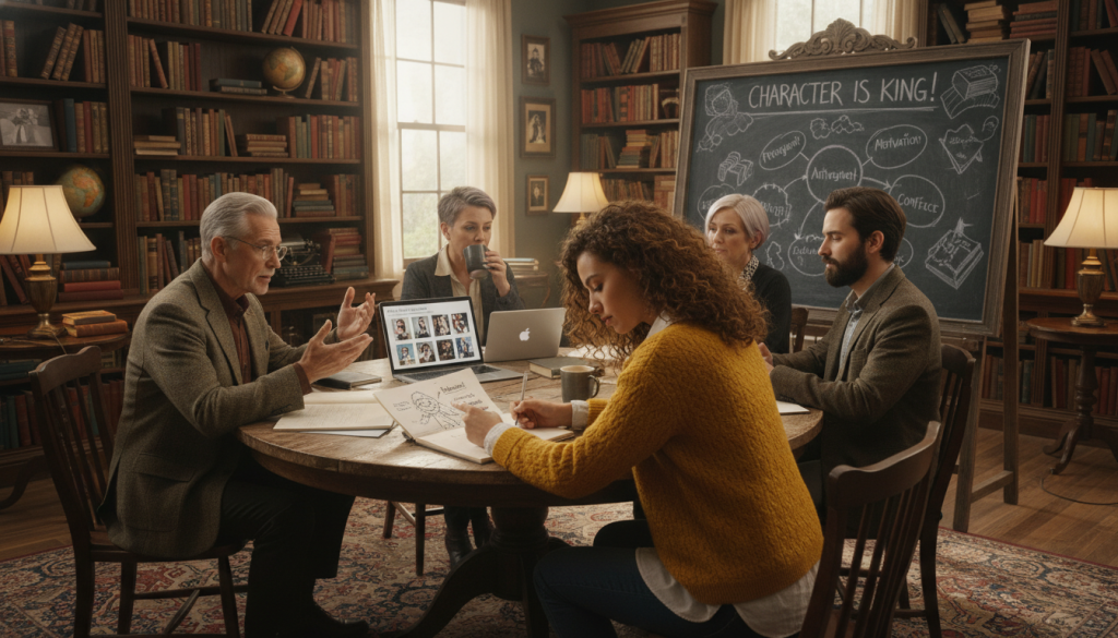In a cozy, well-lit writer's studio, a diverse group of aspiring authors gathers around a large wooden table, brainstorming ideas for their main character. In the foreground, a young woman with curly hair, dressed in smart casual attire, enthusiastically sketches character traits in her notebook. Beside her, an older gentleman with glasses shares insights, his laptop open with visuals of different character archetypes. In the middle ground, a chalkboard showcases notes and character development tips, while the background features shelves filled with classic literature and personal artifacts that inspire their storytelling. Soft, warm lighting creates an inviting atmosphere, with a hint of creativity and excitement in the air, highlighting the importance of character creation as the heart of their narrative journey.
