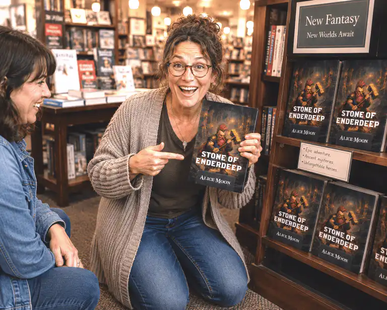 Storyloft author at the book store excited her book is in print.