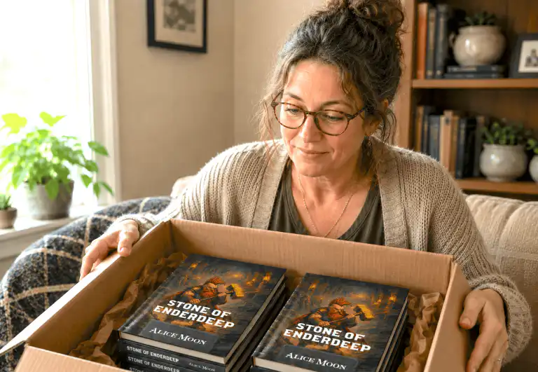 Storyloft author looking at her new books