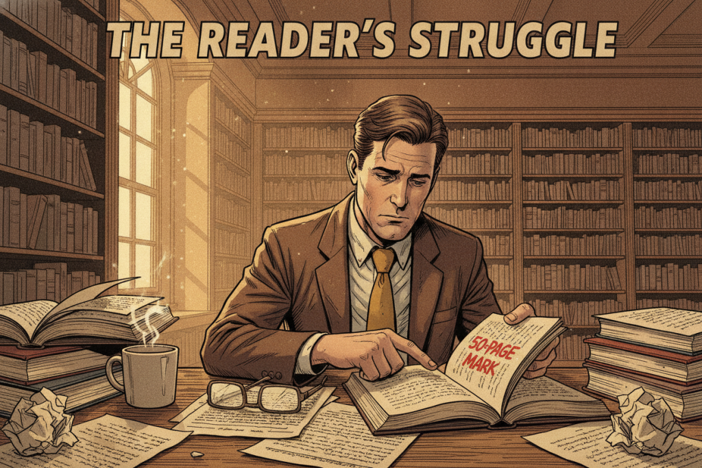 A cluttered wooden desk occupies the foreground, strewn with open books and scattered notes, symbolizing the struggle of readers. In the middle ground, a realistic depiction of a thoughtful individual, dressed in modest business attire, stares contemplatively at a thin, open book with a visible "50-page" mark highlighted in the text. The background features a softly lit library with rows of bookshelves, creating a serene atmosphere. Warm, diffused light streams in from a nearby window, casting gentle shadows and enhancing the mood of introspection. The color palette should be warm with browns and soft yellows to evoke a sense of nostalgia and reflection, emphasizing the concept of why readers drift away from books.