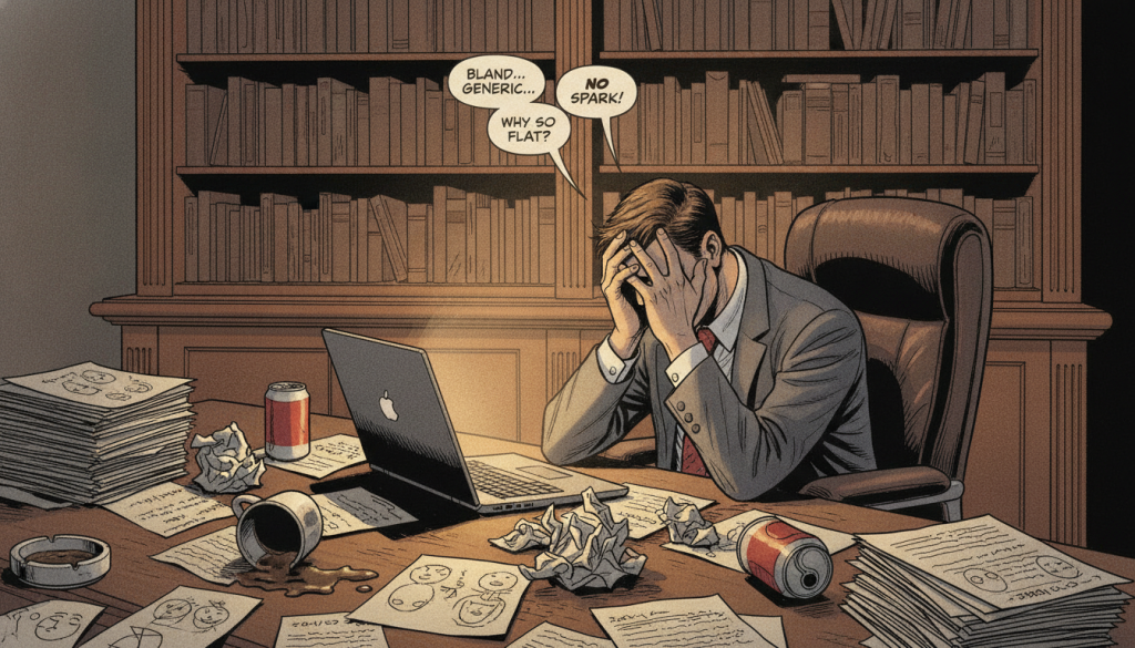 A cluttered writer's desk with crumpled papers and a frustrated author in professional attire, sitting in front of a laptop, with their head in their hands, symbolizing the struggle of creating weak characters. In the foreground, focus on scattered notes, character sketches with bland features, and a coffee cup tipped over. The middle ground features the author surrounded by an array of empty character sheets and lists of clichés. In the background, a dimly lit bookshelf filled with novels can be seen, casting soft shadows to enhance the atmosphere of frustration. The lighting is warm yet subdued, evoking a sense of creativity stifled by blunders. The overall mood is one of intense concentration mixed with the weight of failure, inviting viewers to reflect on the challenges of character development.