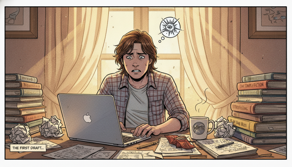 A cluttered writing desk in a softly lit room, filled with scattered papers, crumpled drafts, and an open laptop showing an unfinished document. In the foreground, a novice writer, a young adult in casual yet tidy attire, sits with a furrowed brow, surrounded by a sense of frustration and overwhelm. The middle layer features a half-empty coffee cup and a stack of books on writing techniques, hinting at their quest for perfection. In the background, there’s a window with gentle sunlight filtering through sheer curtains, casting a warm glow and creating a cozy, inviting atmosphere. The mood conveys a mix of determination and anxiety, emphasizing the struggle of attempting to write a perfect first draft.