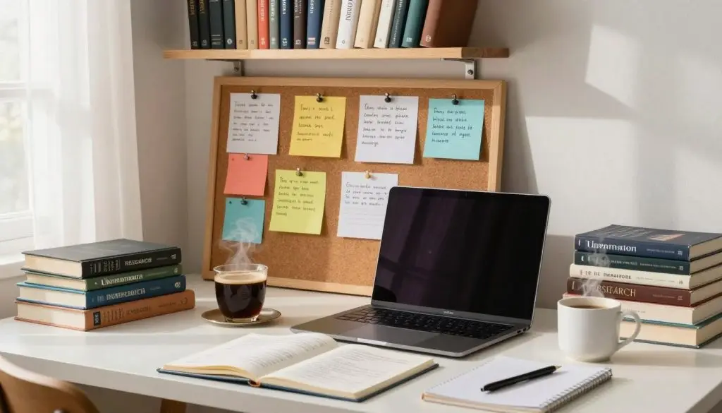 A cozy and organized writer's workspace focused on research methods for book writers. In the foreground, a neatly arranged desk with an open laptop, scattered notebooks filled with notes, and a steaming cup of coffee. Next to the laptop, a stack of books on writing techniques and research methods. In the middle, a corkboard with pinned notes, highlighted quotes, and colorful index cards. The background features a shelf filled with literary classics and a window with soft natural light filtering through sheer curtains, illuminating the scene. The atmosphere is warm and inspiring, inviting concentration and creativity. The composition emphasizes a professional setting with no people present, showcasing an ideal environment for organizing research materials.