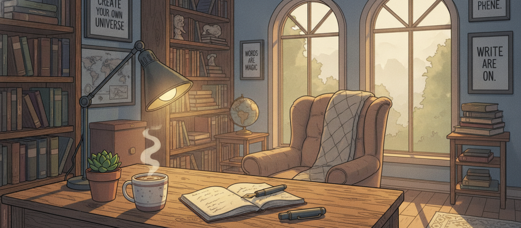 A cozy, dedicated writing space featuring a rustic wooden desk with an open notebook and a classic fountain pen, surrounded by soft, warm lighting. In the foreground, a steaming mug of coffee sits beside a small potted plant, adding a touch of nature. The middle ground showcases a comfortable, plush chair and an eclectic bookshelf filled with various books and inspirational decor. Large windows in the background let in natural light, illuminating the room and casting gentle shadows. The walls are adorned with motivational quotes framed in simple frames, enhancing the creative atmosphere. The overall mood is inviting, serene, and inspiring, perfect for a writer to cultivate their routine. A cozy, dedicated writing space featuring a rustic wooden desk with an open notebook and a classic fountain pen, surrounded by soft, warm lighting. In the foreground, a steaming mug of coffee sits beside a small potted plant, adding a touch of nature. The middle ground showcases a comfortable, plush chair and an eclectic bookshelf filled with various books and inspirational decor. Large windows in the background let in natural light, illuminating the room and casting gentle shadows. The walls are adorned with motivational quotes framed in simple frames, enhancing the creative atmosphere. The overall mood is inviting, serene, and inspiring, perfect for a writer to cultivate their routine.