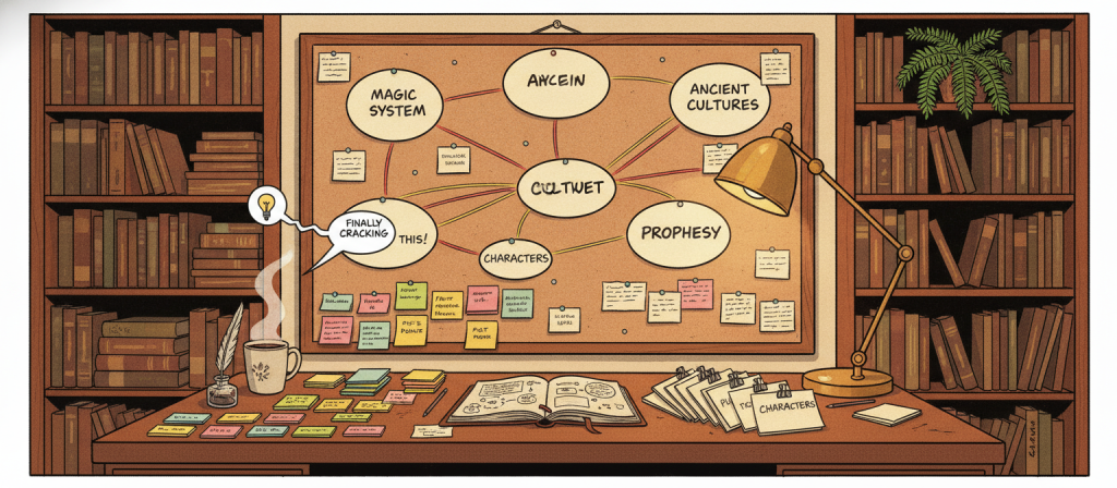 A cozy home office scene focused on organizing notes for writing a book. In the foreground, an elegantly arranged wooden desk covered with colorful sticky notes, neatly stacked index cards, and an open notebook filled with handwritten ideas. A cup of coffee sits beside a vintage quill pen. In the middle, a large corkboard on the wall displays a mind map of concepts and research, interconnected by string. The background features bookshelves filled with books and a potted plant, adding a touch of life to the space. Soft, warm lighting from a desk lamp creates an inviting atmosphere, highlighting the meticulous organization and encouraging creativity. The scene captures a productive, inspiring note-taking workflow.