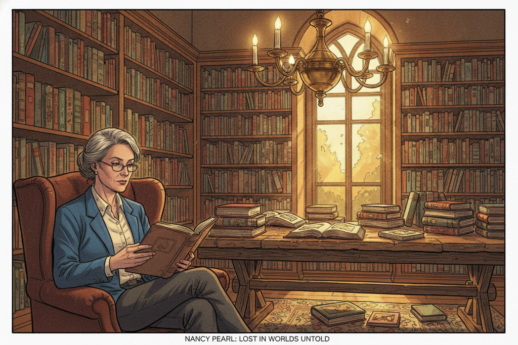 A cozy, inviting library space, featuring warm wood shelves filled with books. In the foreground, a poised woman in professional attire, Nancy Pearl, is absorbed in reading a book, her greying hair neatly styled in a bun. She has a thoughtful expression, embodying an avid reader's curiosity. In the middle ground, colorful book spines are arranged artfully, with a few open books scattered on a rustic wooden table, hinting at diverse genres. The background shows soft, ambient lighting from a vintage chandelier, casting a warm glow throughout the room. The atmosphere is peaceful yet lively, suggesting the anticipation of discovering captivating stories. A window reveals a sunny afternoon, with gentle light illuminating the space, enhancing the inviting feel.
