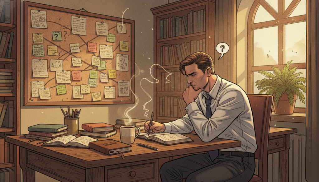 A cozy, inviting writing space filled with warm, ambient lighting. In the foreground, a wooden writing desk cluttered with notebooks, pens, and a steaming cup of coffee. A person in professional business attire, deep in thought, sits at the desk, writing in one of the notebooks. Their expression reflects contemplation and focus. In the middle ground, a corkboard holds handwritten questions and sticky notes, representing the thought process behind book ideas. The background features a bookshelf filled with various books, a window allowing soft natural light to filter in, and a plant adding a touch of greenery. The atmosphere is productive and introspective, encouraging creativity and reflection. A cozy, inviting writing space filled with warm, ambient lighting. In the foreground, a wooden writing desk cluttered with notebooks, pens, and a steaming cup of coffee. A person in professional business attire, deep in thought, sits at the desk, writing in one of the notebooks. Their expression reflects contemplation and focus. In the middle ground, a corkboard holds handwritten questions and sticky notes, representing the thought process behind book ideas. The background features a bookshelf filled with various books, a window allowing soft natural light to filter in, and a plant adding a touch of greenery. The atmosphere is productive and introspective, encouraging creativity and reflection.