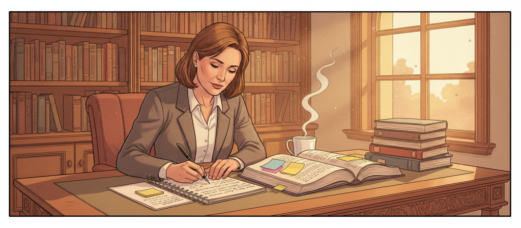 A cozy study scene featuring a focused individual, a middle-aged woman in professional business attire, seated at a wooden desk. In the foreground, she is diligently taking notes from an open nonfiction book on the desk, surrounded by colorful sticky notes and a neatly organized notebook. In the middle, there’s a warm cup of coffee steaming beside her, and an assortment of highlighted text excerpts along with a meticulously arranged stack of books. The background features a well-lit bookshelf filled with various nonfiction titles and a large window allowing soft, natural light to spill in. The atmosphere is one of productivity and calm, enhanced by warm tones and soft shadows, creating an inviting space ideal for organizing research notes and ideas. The image emphasizes focus and organization without any text or distractions.