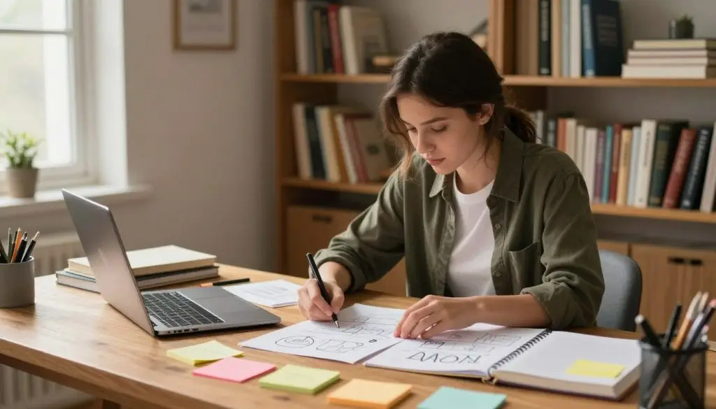 A cozy, well-lit home office scene where an author is organizing ideas before writing a book. In the foreground, a wooden desk is cluttered with notebooks, colorful sticky notes, and a laptop, illuminated by warm, natural light from a nearby window. The middle ground features the author, a young woman in smart casual attire, thoughtfully arranging her notes and diagrams on the desk, deep in concentration. In the background, bookshelves filled with a variety of books on writing and creativity create a studious atmosphere. Soft shadows and a warm color palette enhance a sense of inspiration and focus, capturing the mood of creativity and purposefulness in the writing process.