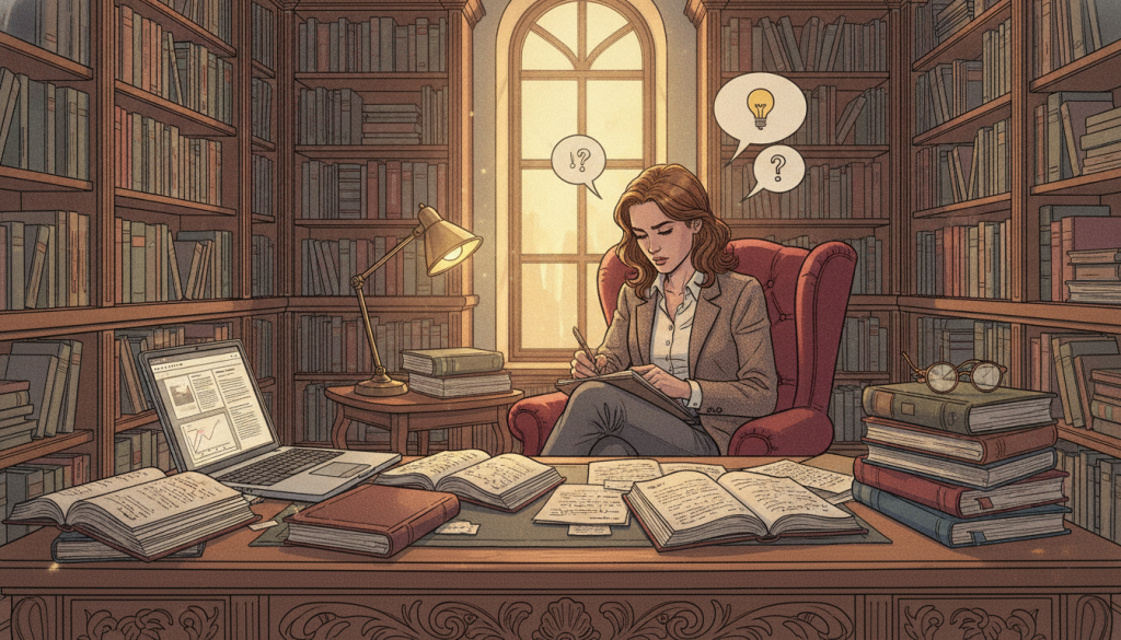 A cozy, well-lit study filled with shelves of diverse books. In the foreground, a wooden desk cluttered with open books, notebooks, and a laptop displaying research articles. A pair of reading glasses rests on a pile of books. The middle layer features a soft armchair with a person seated, dressed in professional attire, deeply focused on taking notes. A warm glow from a desk lamp creates an inviting atmosphere. In the background, several bookshelves filled with various genres. Soft sunlight filters through a nearby window, enhancing the scholarly vibe. The overall mood is one of diligence and curiosity, capturing the essence of effective research techniques. A cozy, well-lit study filled with shelves of diverse books. In the foreground, a wooden desk cluttered with open books, notebooks, and a laptop displaying research articles. A pair of reading glasses rests on a pile of books. The middle layer features a soft armchair with a person seated, dressed in professional attire, deeply focused on taking notes. A warm glow from a desk lamp creates an inviting atmosphere. In the background, several bookshelves filled with various genres. Soft sunlight filters through a nearby window, enhancing the scholarly vibe. The overall mood is one of diligence and curiosity, capturing the essence of effective research techniques.