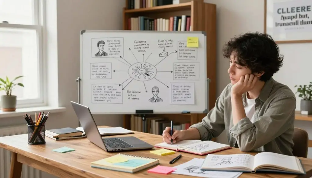 A cozy, well-lit writer's workspace filled with creativity and inspiration. In the foreground, a wooden desk cluttered with notebooks, colorful sticky notes, and a laptop, where a focused author is jotting down ideas for character development. The author, a person in professional casual attire, appears deep in thought, surrounded by sketches of character arcs and personality traits. In the middle, large whiteboard displays mind maps and notes connecting characters' backgrounds and motivations. In the background, a warm bookshelf lined with novels and motivational quotes, and a window letting in natural light, creating an inviting atmosphere. Soft, diffused lighting enhances the scene, evoking a sense of productive brainstorming and imaginative energy in the air.
