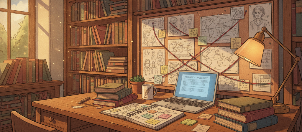 A cozy, well-organized study environment filled with inspiration for writing a book series. In the foreground, a wooden desk is cluttered yet organized, featuring an open notebook filled with handwritten notes, colorful sticky notes, and reference books stacked neatly. A laptop displays a research document. In the middle ground, a corkboard is pinned with maps, character sketches, and timelines, connected by red yarn in a web of ideas. The background features bookshelves lined with well-worn books, soft warm lighting enhances the inviting atmosphere. A window lets in natural light, casting gentle shadows. The overall mood is focused and creative, perfect for organizing research and thoughts for an ambitious writing project.
