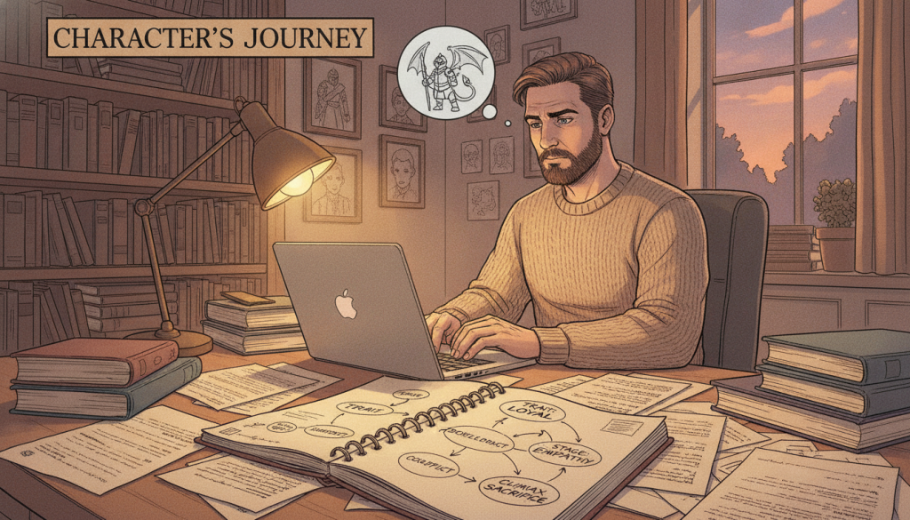 A cozy writer's desk in a dimly lit room, filled with books and scattered notes, is the foreground. A large, open notebook sits prominently, showcasing a character arc diagram with arrows connecting character traits and development stages. In the middle, a focused writer, dressed in a neat casual outfit, types on a laptop, surrounded by warm yellow lighting, which creates an inviting atmosphere. They look pensive and engaged in their craft, embodying the emotion of exploration. In the background, bookshelves filled with novels and character sketches provide depth, while a window reveals a soft evening glow, hinting at the themes of introspection and storytelling. The overall mood is contemplative and creative, ideal for capturing the essence of developing strong character arcs.