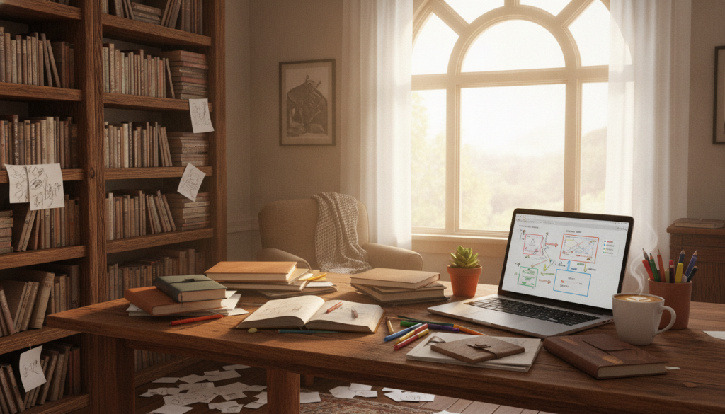 A cozy writing nook filled with inspiration for fiction authors. In the foreground, a wooden desk cluttered with notebooks, colored pens, and an open laptop displaying a story outline. A steaming cup of coffee sits beside a small potted plant. In the middle, an artisan bookshelf stacked with novels and reference books, while some pages and sketches are falling out. The background features a large window with soft, natural light streaming in, illuminating the room and casting a warm glow. The atmosphere is inviting and creative, evoking a sense of focused planning and brainstorming. A comfortable chair is positioned nearby, suggesting a spot for contemplation. The scene captures the essence of thoughtful preparation before diving into writing.