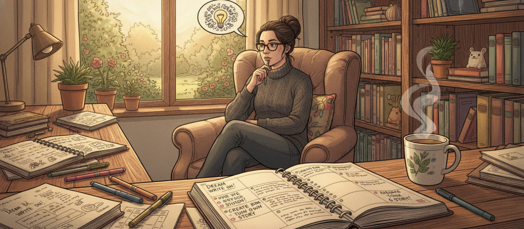 A cozy writing nook is set up, featuring a wooden desk cluttered with open notebooks, pens, and a steaming cup of herbal tea. In the foreground, a thoughtfully arranged planner opens, its pages filled with inspiring quotes and organized notes. A soft, warm light illuminates the scene, suggesting early morning or late afternoon, casting gentle shadows across the surface. The middle of the image showcases a comfortable, inviting chair with a plush cushion, where a person in casual yet professional attire sits, contemplating their next steps. In the background, a sunlit window reveals a serene garden, enhancing the tranquil atmosphere, while shelves filled with books create a sense of inspiration and creativity. A cozy writing nook is set up, featuring a wooden desk cluttered with open notebooks, pens, and a steaming cup of herbal tea. In the foreground, a thoughtfully arranged planner opens, its pages filled with inspiring quotes and organized notes. A soft, warm light illuminates the scene, suggesting early morning or late afternoon, casting gentle shadows across the surface. The middle of the image showcases a comfortable, inviting chair with a plush cushion, where a person in casual yet professional attire sits, contemplating their next steps. In the background, a sunlit window reveals a serene garden, enhancing the tranquil atmosphere, while shelves filled with books create a sense of inspiration and creativity.