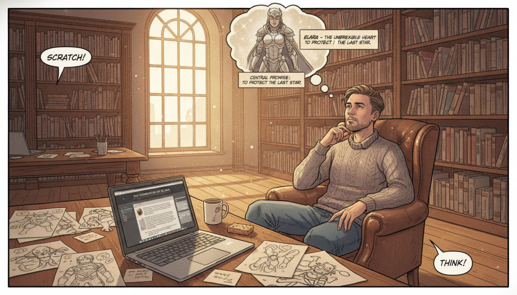 A creative workspace featuring a thoughtful writer deeply engaged in evaluating their book idea. In the foreground, a table cluttered with character sketches, notes, and a laptop displaying a writing software interface. The middle section showcases the writer, a middle-aged person dressed in smart casual attire, with a pensive expression, surrounded by an inspired atmosphere. Natural light filters through a nearby window, casting soft shadows. The backdrop features a cozy library filled with books, emphasizing the importance of character development and narrative structure. The overall mood is introspective and focused, highlighting the importance of the main character or central promise in storytelling. The lens captures the scene in a warm, inviting perspective. A creative workspace featuring a thoughtful writer deeply engaged in evaluating their book idea. In the foreground, a table cluttered with character sketches, notes, and a laptop displaying a writing software interface. The middle section showcases the writer, a middle-aged person dressed in smart casual attire, with a pensive expression, surrounded by an inspired atmosphere. Natural light filters through a nearby window, casting soft shadows. The backdrop features a cozy library filled with books, emphasizing the importance of character development and narrative structure. The overall mood is introspective and focused, highlighting the importance of the main character or central promise in storytelling. The lens captures the scene in a warm, inviting perspective.