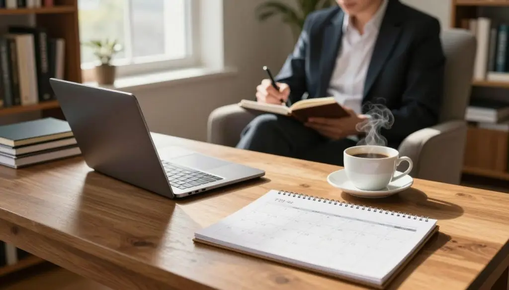 A serene home office setting, showcasing a large wooden desk with an open laptop, stacks of notebooks, and a steaming cup of coffee. In the foreground, a calendar on the desk displays a well-organized writing schedule with time blocks for daily writing sessions. The middle ground features a cozy armchair where a person in professional business attire sits, thoughtfully jotting down ideas in a notebook. Soft natural light streams through a window, casting warm hues across the room, enhancing a focused and inspiring atmosphere. The background includes bookshelves filled with writing guides and classic literature, creating a sense of a dedicated and organized writing space. The overall mood is calm, motivational, and productive, embodying the theme of building sustainable writing habits.