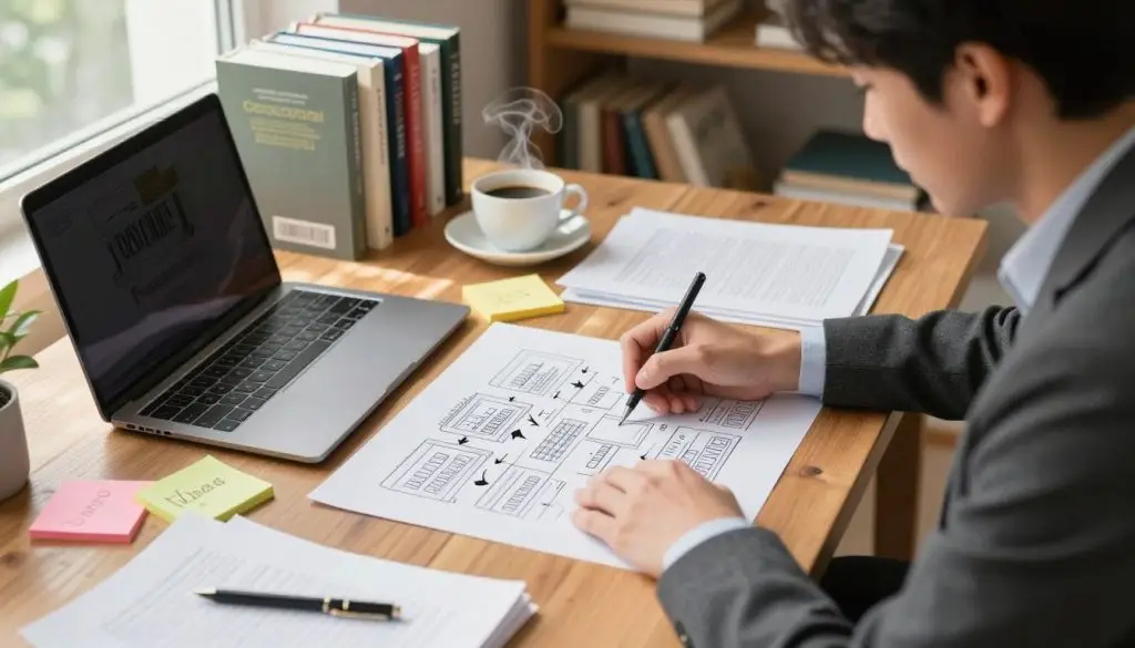 A serene, well-lit workspace featuring a wooden desk scattered with papers, a laptop, and colorful sticky notes. In the foreground, a focused individual in professional business attire, a thoughtful expression on their face, is actively drawing lines and arrows on a large sheet of paper, outlining book ideas. The middle ground shows a bookshelf filled with various writing books and resources, alongside a cup of coffee steaming gently. The background has soft natural light coming through a window, casting pleasant shadows. The overall atmosphere is one of motivation and creativity, emphasizing the process of organizing thoughts and strategies for book outlining. The angle is slightly overhead, capturing both the individual’s actions and the workspace in an engaging view.