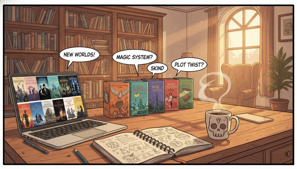 A serene workspace filled with inspiration, focusing on a wooden desk covered with research materials. In the foreground, an open notebook with handwritten notes and doodles sits alongside a steaming cup of coffee. A laptop displays a variety of book covers from different genres, suggesting the research process for similar books. In the middle, a stack of colorful paperback novels is arranged neatly, each displaying distinct artwork. The background features a well-lit bookshelf filled with a variety of books, with a window letting in soft, warm sunlight, casting gentle shadows. The atmosphere is cozy and inviting, encouraging creativity and exploration. The overall composition conveys a feeling of motivation and the excitement of uncovering unique story ideas. A serene workspace filled with inspiration, focusing on a wooden desk covered with research materials. In the foreground, an open notebook with handwritten notes and doodles sits alongside a steaming cup of coffee. A laptop displays a variety of book covers from different genres, suggesting the research process for similar books. In the middle, a stack of colorful paperback novels is arranged neatly, each displaying distinct artwork. The background features a well-lit bookshelf filled with a variety of books, with a window letting in soft, warm sunlight, casting gentle shadows. The atmosphere is cozy and inviting, encouraging creativity and exploration. The overall composition conveys a feeling of motivation and the excitement of uncovering unique story ideas.