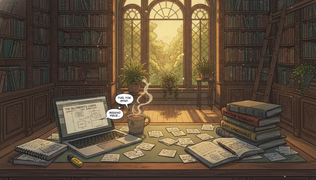 A tranquil study space designed for effective book research method exploration. In the foreground, a wooden desk cluttered with open notebooks, scattered index cards, and a laptop displaying an outline of a book. A steaming cup of tea sits alongside a highlighter and a stack of reference books. In the middle ground, a large bookshelf filled with a variety of genres, suggesting thorough research practices. The background features a large window letting in soft, warm sunlight, illuminating the scene and casting gentle shadows. The room has a cozy, intellectual ambiance, with houseplants adding a touch of freshness. The overall mood is focused and inspiring, ideal for writers embarking on a research journey. A tranquil study space designed for effective book research method exploration. In the foreground, a wooden desk cluttered with open notebooks, scattered index cards, and a laptop displaying an outline of a book. A steaming cup of tea sits alongside a highlighter and a stack of reference books. In the middle ground, a large bookshelf filled with a variety of genres, suggesting thorough research practices. The background features a large window letting in soft, warm sunlight, illuminating the scene and casting gentle shadows. The room has a cozy, intellectual ambiance, with houseplants adding a touch of freshness. The overall mood is focused and inspiring, ideal for writers embarking on a research journey.