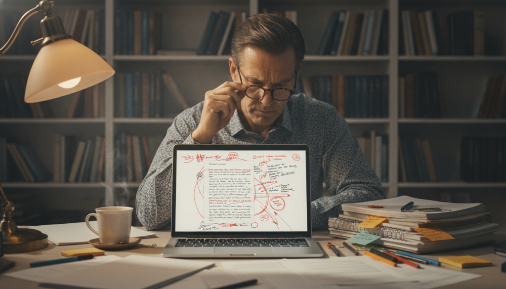 A well-organized desk in a softly lit room, featuring a laptop open to a document filled with handwritten notes and red ink edits. Foreground includes a pair of hands adjusting glasses, a focused middle-aged man in a smart casual shirt, surrounded by physical manuscripts, pens, and sticky notes. The atmosphere conveys a sense of concentration and urgency, emphasizing the importance of meticulous planning. The background showcases a bookshelf filled with books about writing and planning, with a warm, inviting glow from a desk lamp creating shadows that add depth. Use a wide-angle lens to capture the scene, creating a slightly blurred effect on the bookshelf to keep the focus on the man and his editing process.