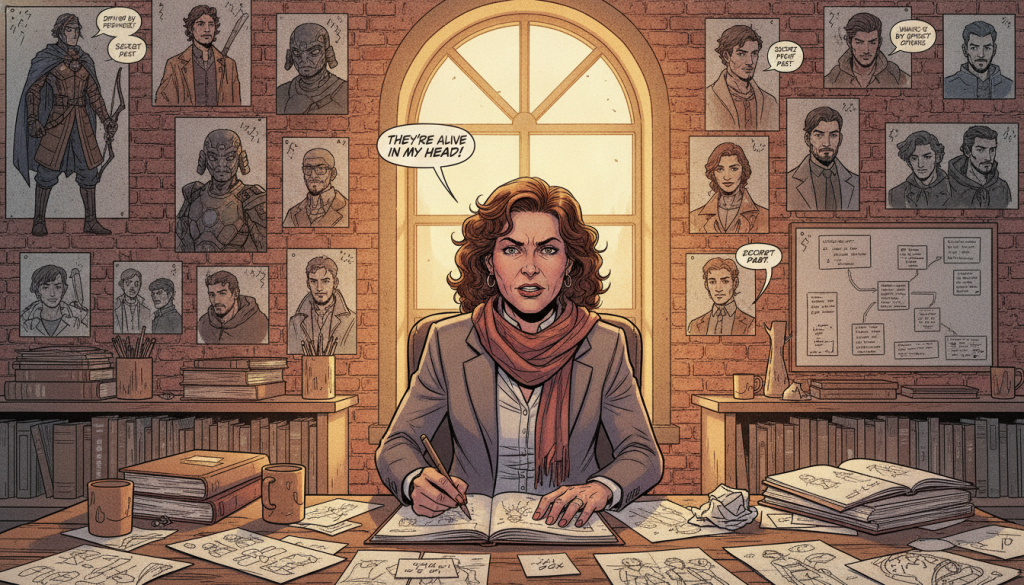 An imaginative workspace filled with character sketches and notes on a large wooden table. In the foreground, a passionate writer, a middle-aged woman in professional attire, is intensely brainstorming ideas, surrounded by sketchbooks and character outlines. The middle ground showcases colorful character designs pinned to a wall, featuring multi-dimensional personalities with varied clothes and expressions. In the background, a sunny window filters warm light into the room, highlighting shelves filled with books on writing and story development. This scene conveys a lively and creative atmosphere, characterized by curiosity and inspiration, inviting viewers to explore the process of character creation for a novel.