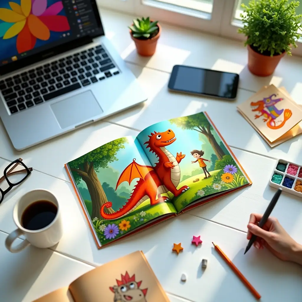 A bright workspace with an open children's book featuring a friendly red dragon and child, surrounded by art supplies and a laptop.