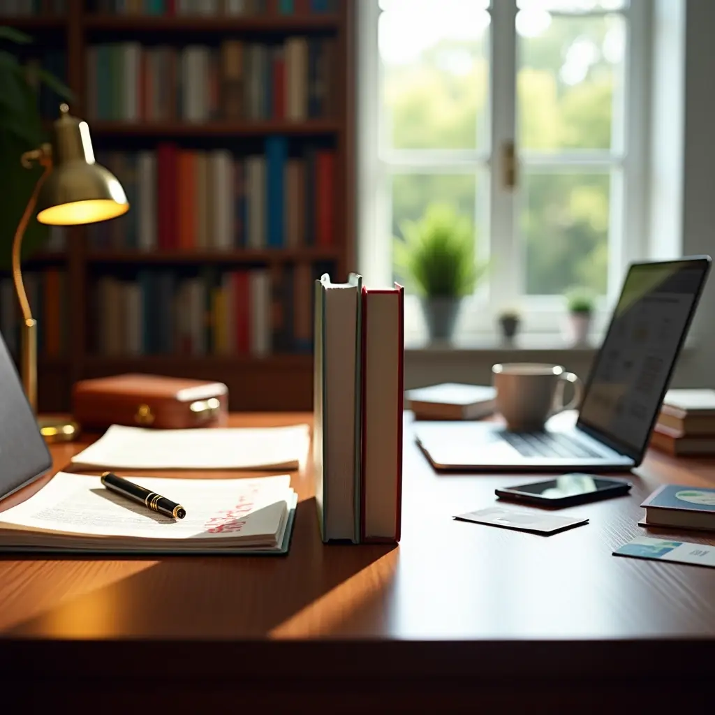 Workspace with books, papers, a pen, laptop, and a lamp in a cozy room filled with natural light and a bookshelf background.