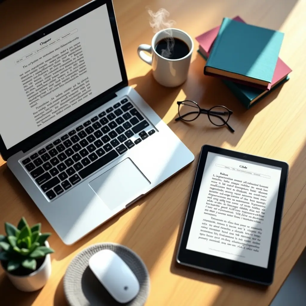 Laptop and tablet displaying ebook text on a wooden desk with coffee, glasses, books, and a plant in soft sunlight.