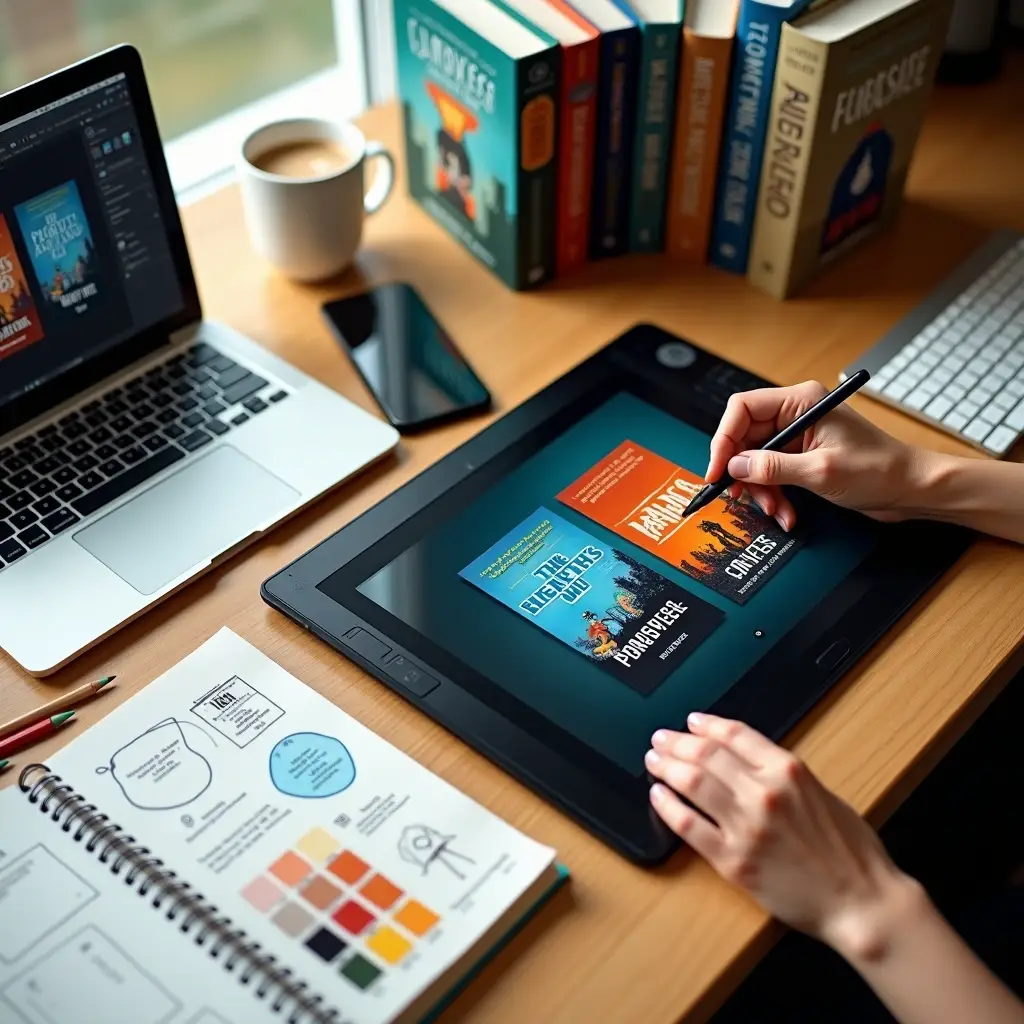 Person designing book covers on a digital tablet with a laptop, color swatches, and books on a wooden desk.