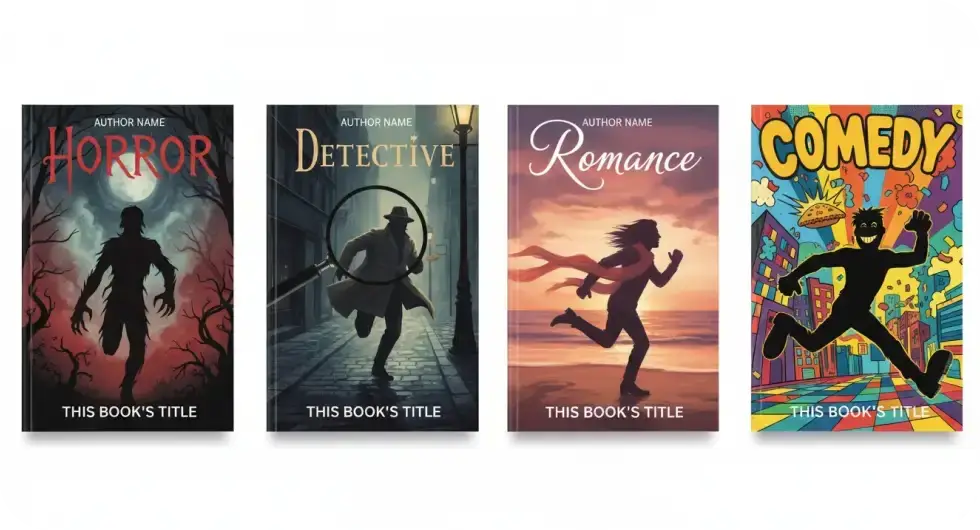Four AI-generated book covers labeled Horror, Detective, Romance, and Comedy with corresponding themed illustrations.