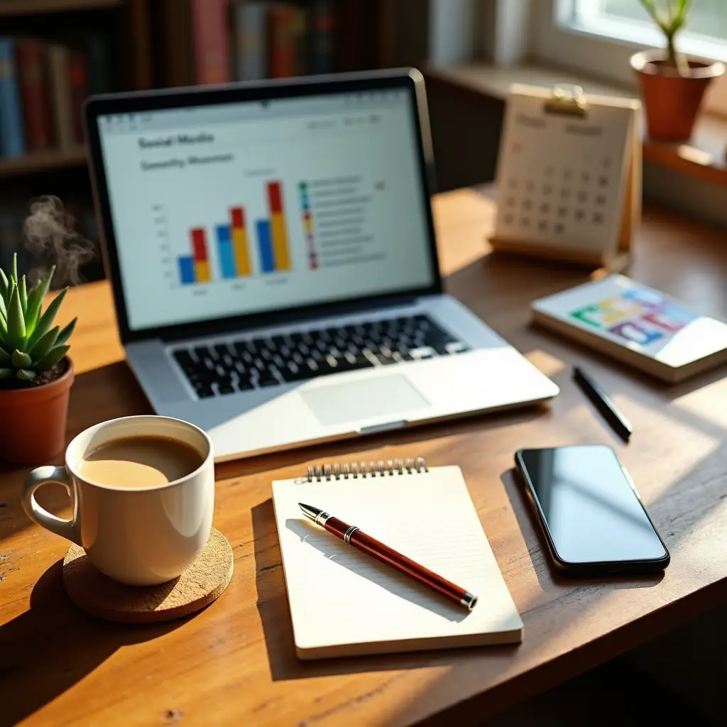 Workspace with laptop showing social media graph, notebook, pen, smartphone, coffee, and plant on wooden desk in sunlight.